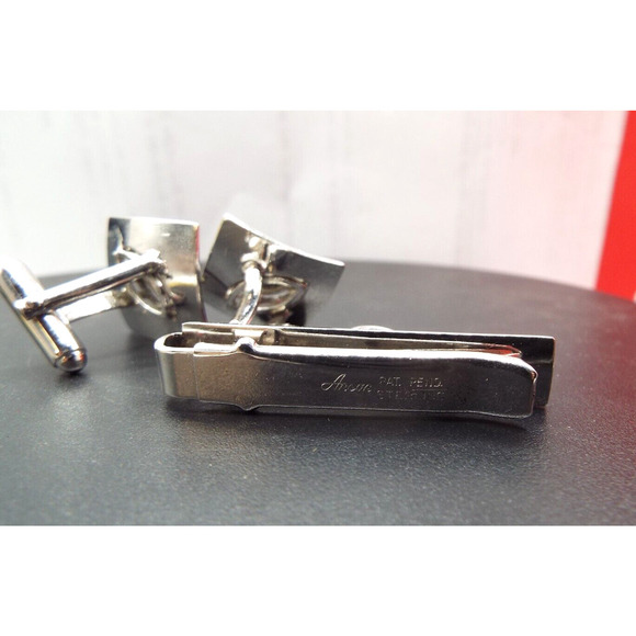 Vintage 3pc Set Anson Sterling Silver Black Onyx Cufflinks & Tie Clip - Picture 6 of 9